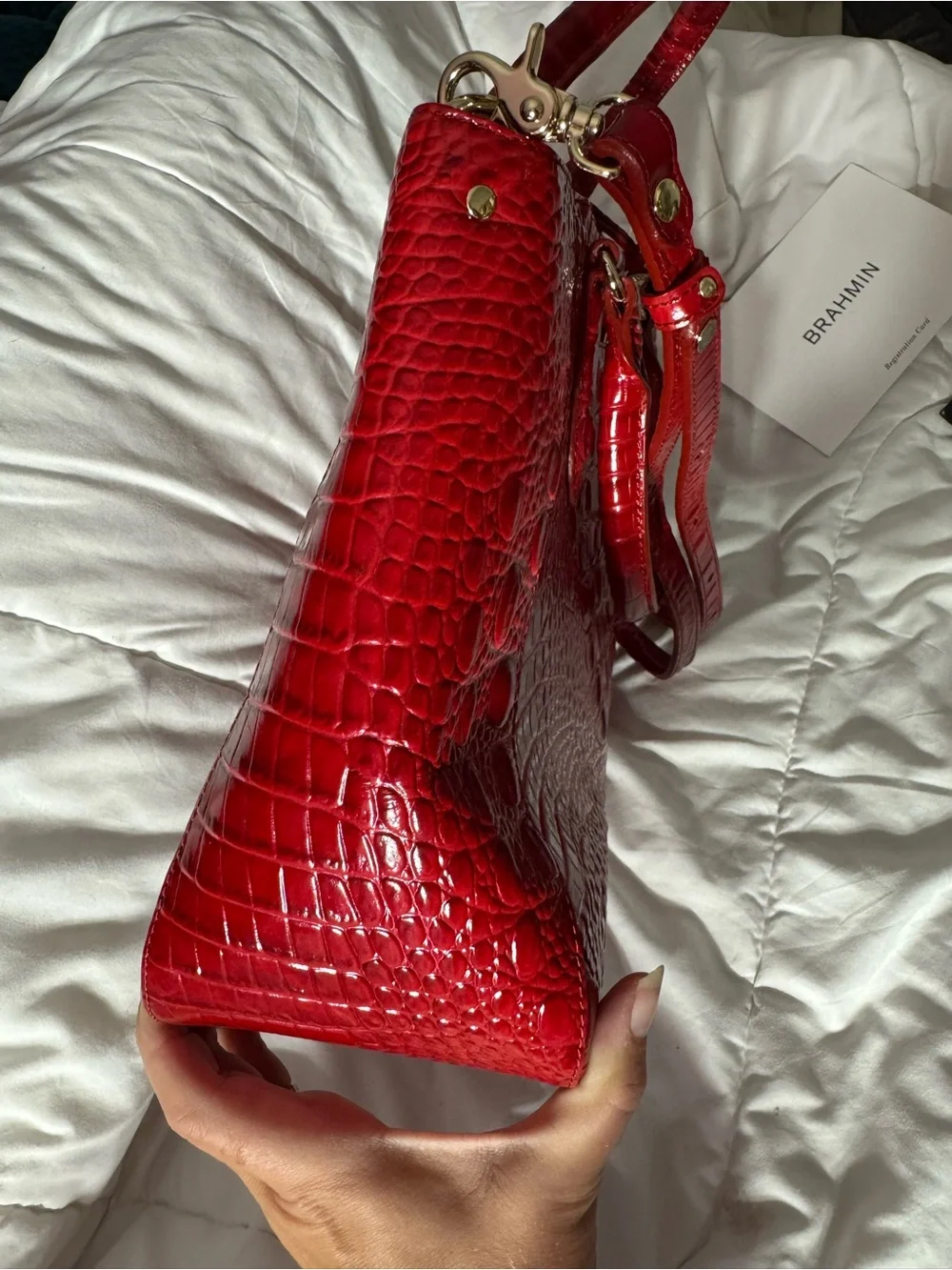 Brahmin Glossy Red Croc-Embossed Satchel with Gold Accents